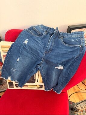 Charlotte Russe Distressed Dark Blue Denim Bermuda Shorts